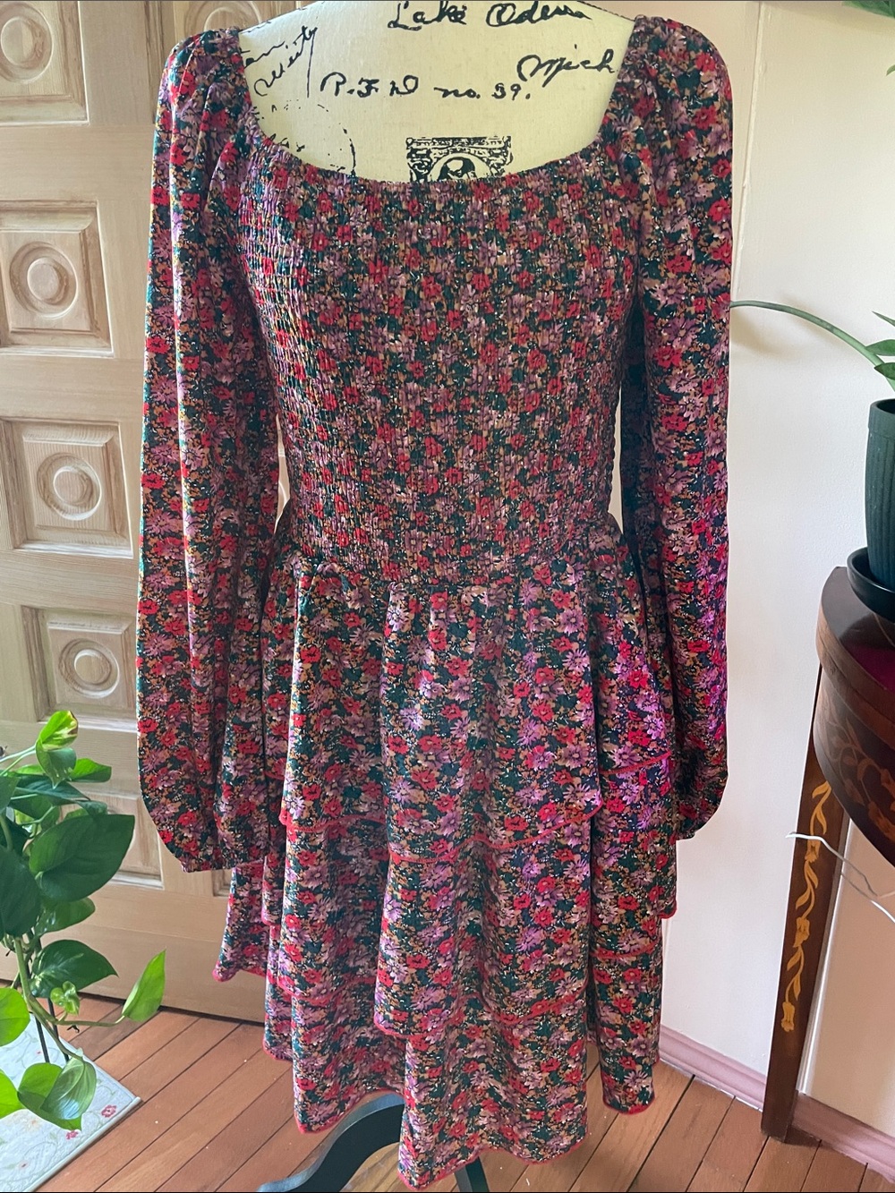 Smocked Long-Sleeve Floral Mini Dress in Pink and Green